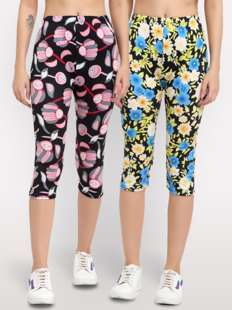 

NEUDIS Women Set Of 2 Black & Pink Printed Capris