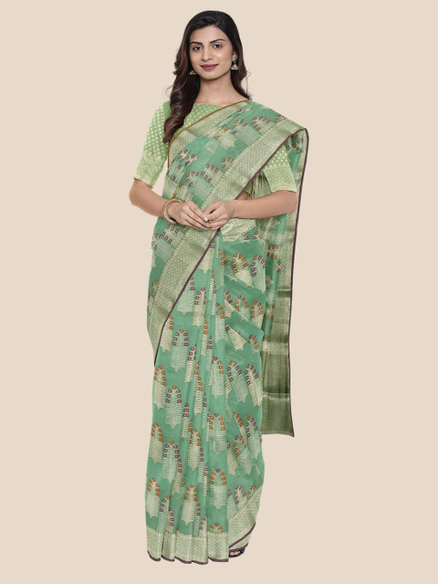 

Kalamandir Sea Green & Brown Floral Zari Chanderi Saree