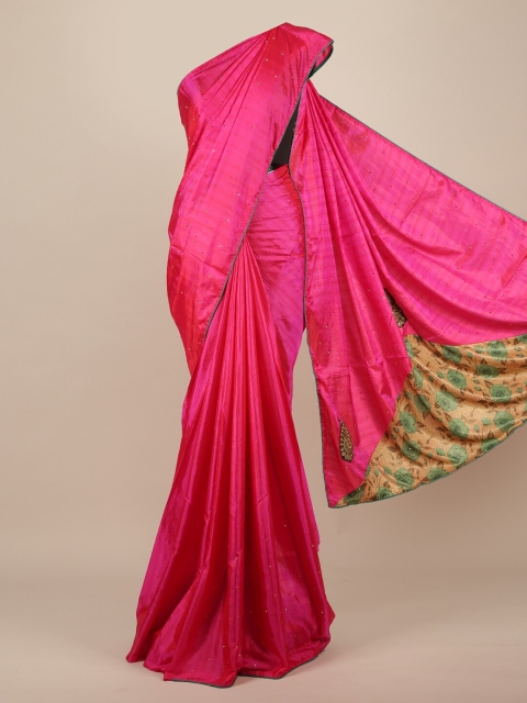 

Pothys Magenta & Silver-Toned Embellished Beads and Stones Jute Silk Saree