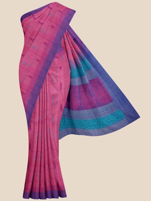 

Kalamandir Pink & Blue Ethnic Motif Pure Cotton Venkatgiri Saree