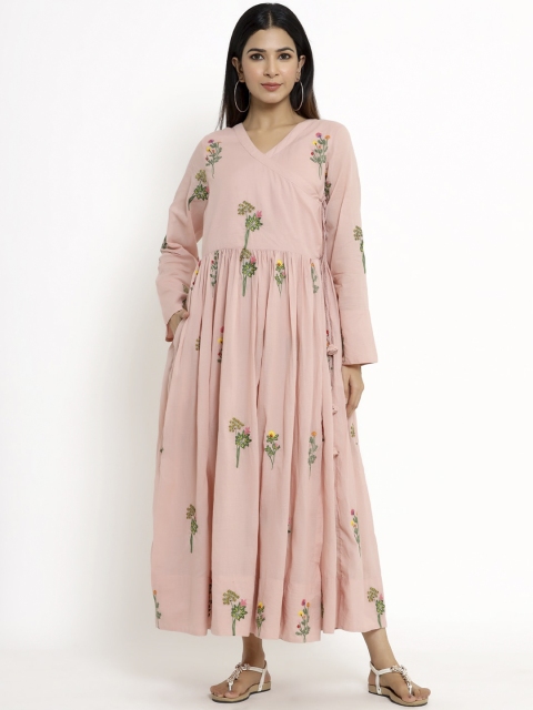

VRISA Pink Floral Embroidered Fit & Flare Dress