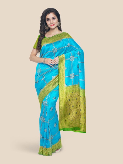 

Kalamandir Blue & Green Checked Silk Blend Banarasi Saree