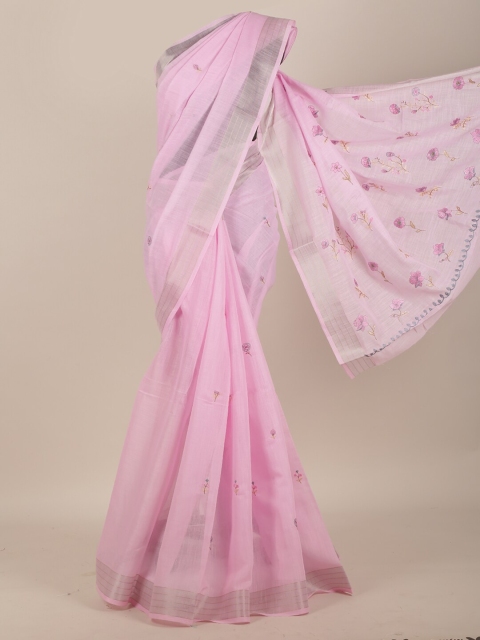 

Pothys Pink & Grey Ethnic Motifs Embroidered Saree