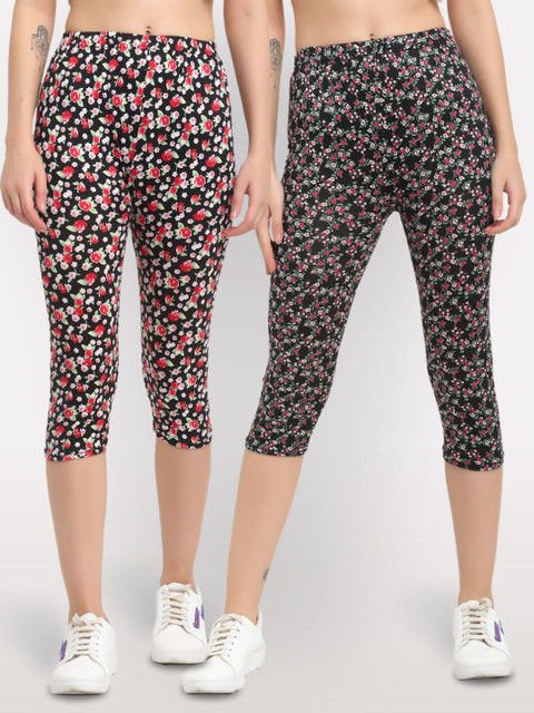 

NEUDIS Women Pack Of 2 Black & Pink Printed Cotton Capris