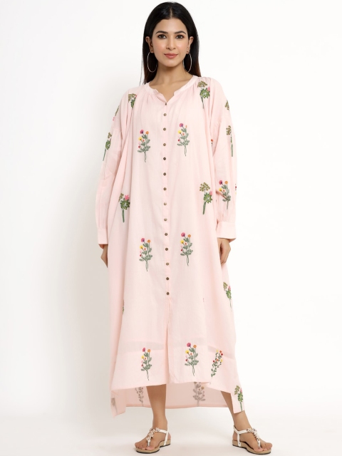 

VRISA Women Pink Floral Kaftan Midi Pure Cotton Dress