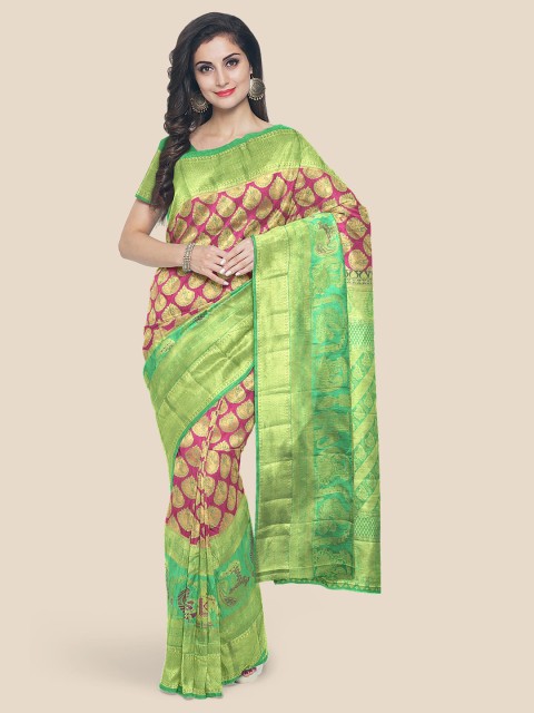 

Kalamandir Pink & Green Ethnic Motifs Zari Silk Blend Kanjeevaram Saree
