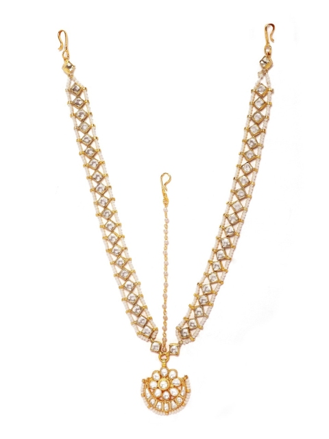 

rubans LUXURY Gold-Plated White Kundan-Studded Pearl Beaded Handcrafted Matha Patti