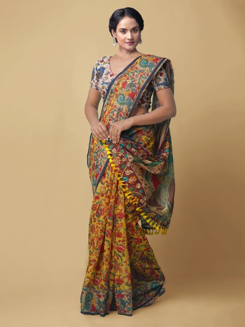 

Unnati Silks Yellow Kalamkari Silk Cotton Chanderi Saree
