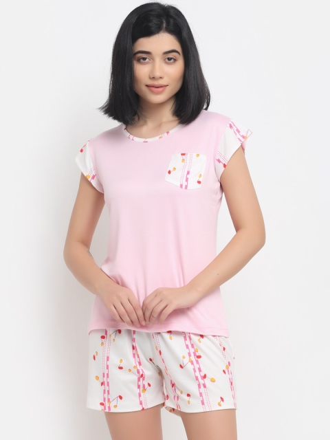 

NEUDIS Women Pink & White Floral Printed Night suit
