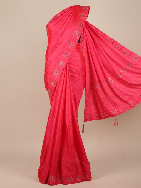 

Pothys Pink & Silver-Toned Beads and Stones Jute Silk Saree