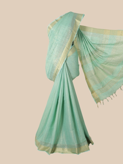 

Pothys Sea Green & Gold-Toned Embellished Mirror Work Linen Blend Saree