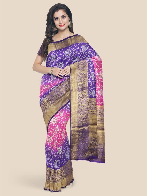 

Kalamandir Pink & Purple Bandhani Printed Silk Blend Banarasi Saree