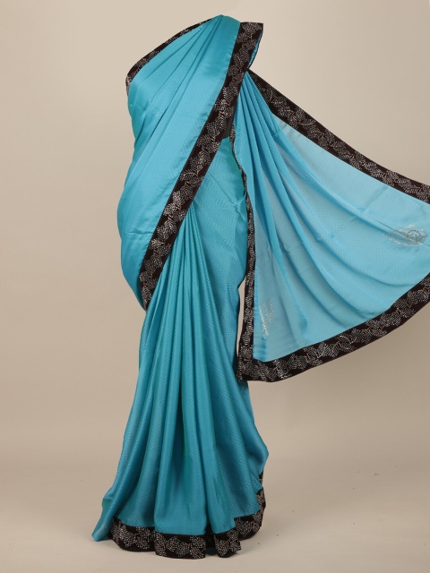 

Pothys Blue & Black Checked Beads and Stones Heavy Work Poly Chiffon Saree