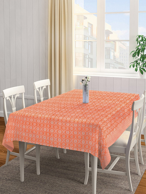 

NEUDIS Orange & White Woven Design Pure Cotton Corduroy 6-Seater Rectangle Table Cover