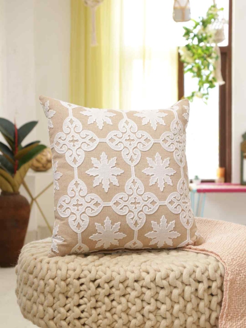 

Amoliconcepts Beige & White Embroidered Square Cushion Cover