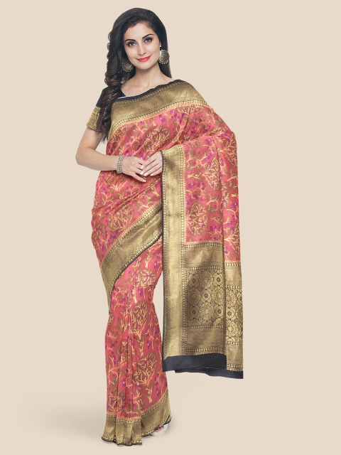 

Kalamandir Coral & Navy Blue Floral Zari Silk Blend Banarasi Saree