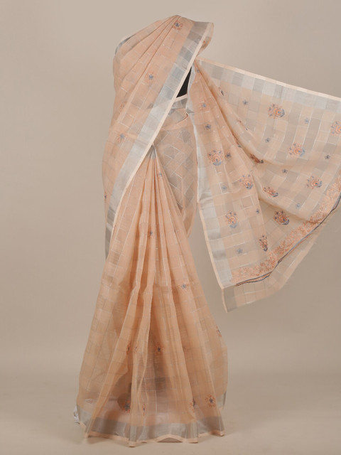 

Pothys Peach Checked Zari Cotton Blend Saree