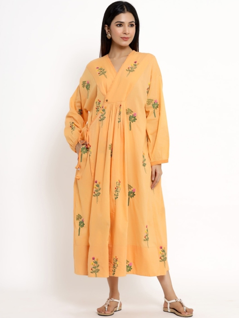 

VRISA Orange Floral Embroidered Drop Shoulder Midi Cotton Wrap Dress