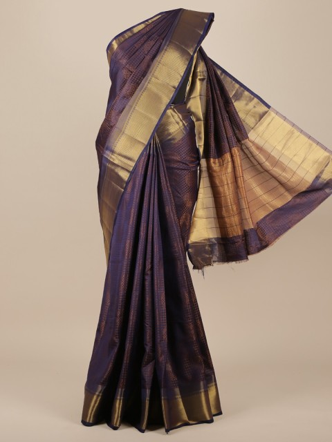 

Pothys Navy Blue Checked Zari Jute Silk Saree