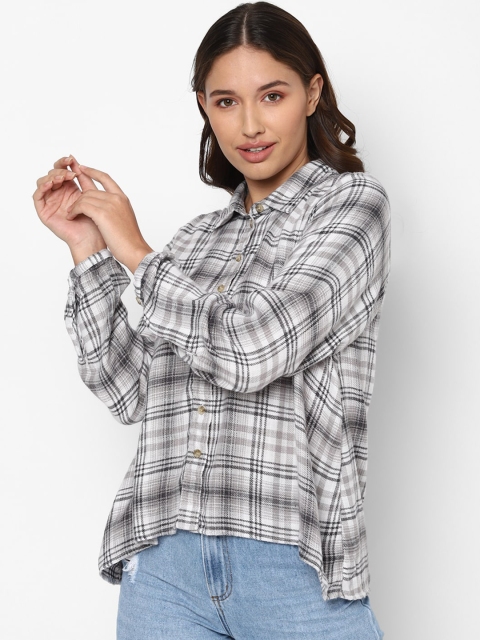 AMERICAN EAGLE OUTFITTERS Women Black & Grey Checked High Low Casual Shirt