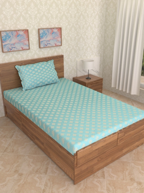 

Soumya Turquoise Blue & White Woven-Design Pure Cotton Bed Cover With Pillow Cover