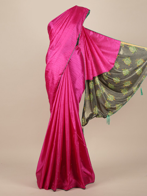

Pothys Magenta Embellished Beads and Stones Jute Silk Saree