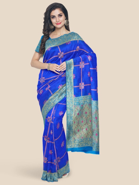 

Kalamandir Blue & Red Checked Zari Silk Blend Banarasi Saree
