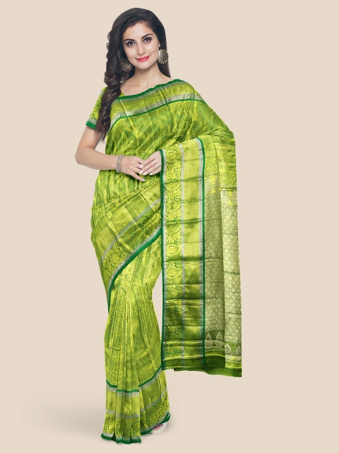 

Kalamandir Green & Gold-Toned Woven Design Silk Blend Kanjeevaram Saree