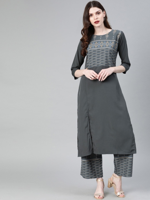 

ZIYAA Women Grey Geometric Yoke Design Crepe Kurta