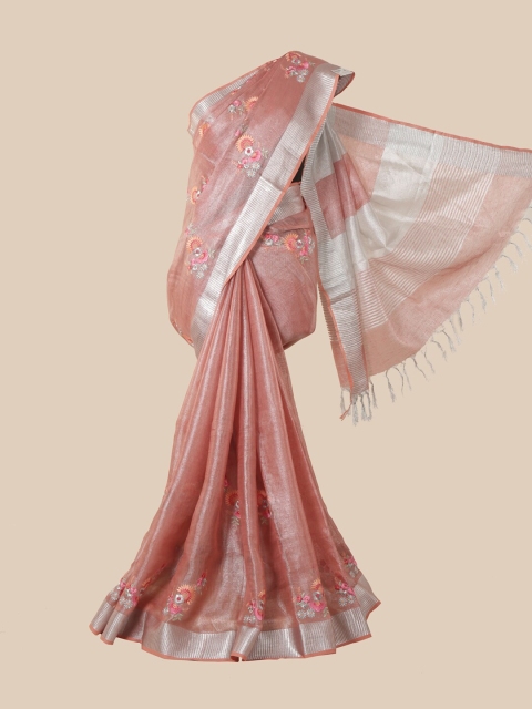 

Pothys Pink Floral Embroidered Linen Blend Saree