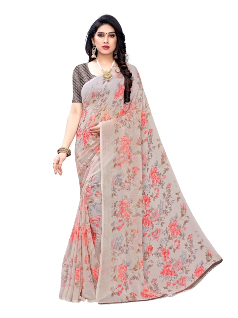 

KALINI Grey & Peach-Coloured Floral Pure Chiffon Saree