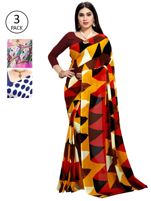 

KALINI Pink & White Pack of 3 Printed Sarees