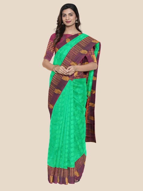 

Kalamandir Green & Burgundy Woven Design Zari Silk Blend Kanjeevaram Saree