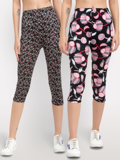 

NEUDIS Women Pack of 2 Black & Pink Printed Capris