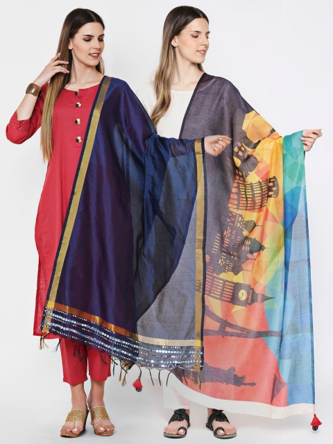 

Get Wrapped Pack Of 2 Navy Blue & Multicoloured Embroidered & Digital Printed Dupatta
