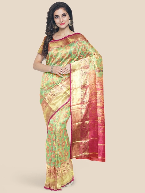 

Kalamandir Sea Green & Red Ethnic Motifs Zari Silk Blend Kanjeevaram Saree