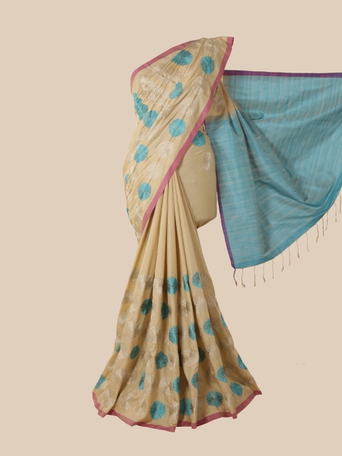 

Pothys Beige & Turquoise Blue Ethnic Motifs Embroidered Jute Silk Saree