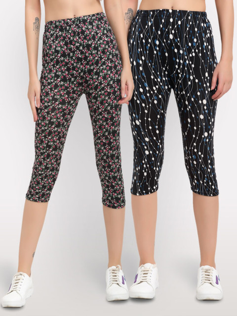 

NEUDIS Women Set Of 2 Black & Pink Printed Capris