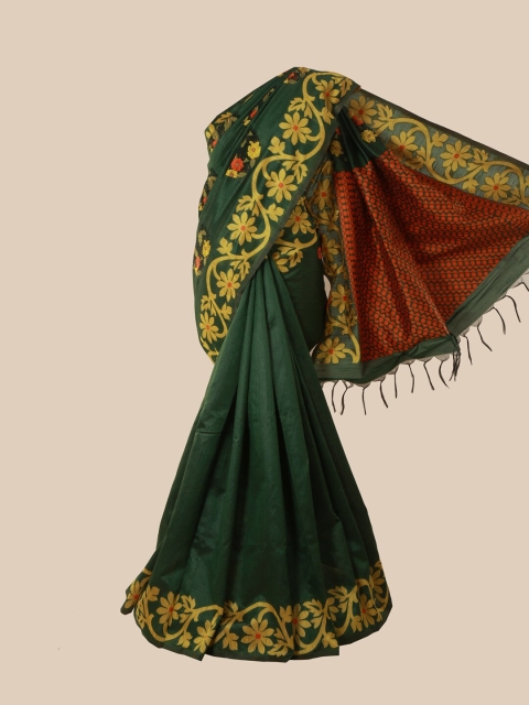 

Pothys Green & Gold-Toned Floral Embroidered Jute Silk Saree