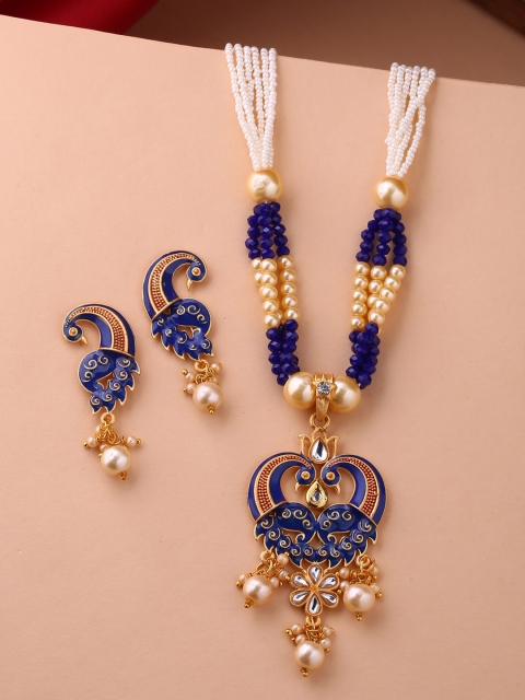 

Shoshaa Blue Hand Painted Pearl Ethnic Necklace and Earrings Set, Gold