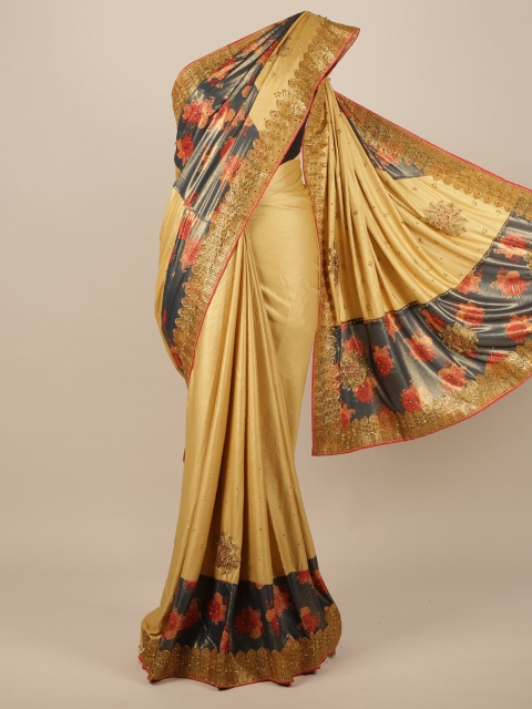 

Pothys Gold & Grey Floral Beads and Stones Satin Saree