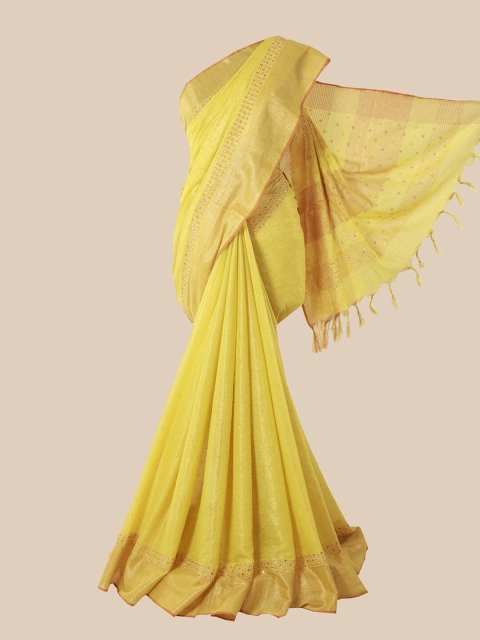 

Pothys Yellow & Gold-Toned Embellished Linen Blend Saree