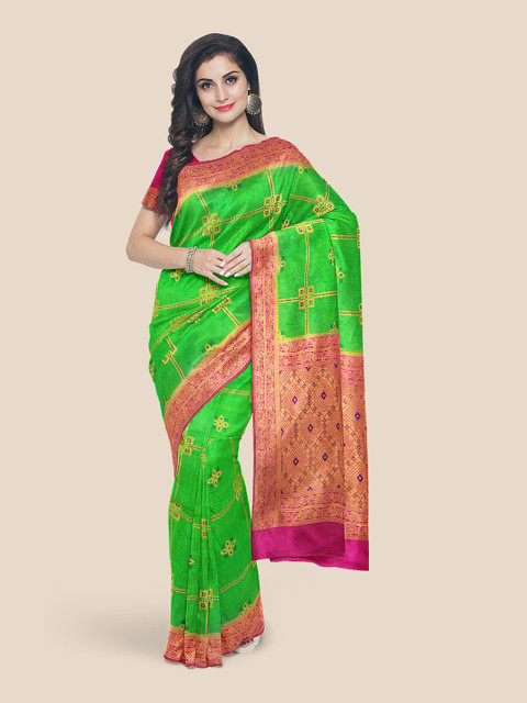 

Kalamandir Green & Pink Ethnic Motifs Zari Silk Blend Banarasi Saree