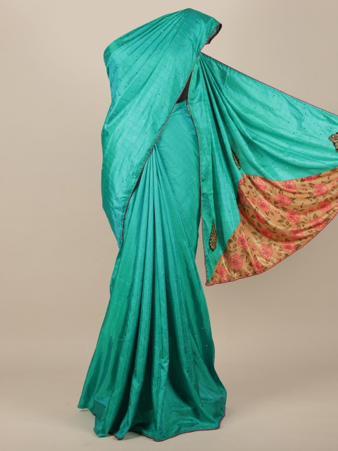 

Pothys Sea Green Embellished Beads and Stones Jute Silk Saree