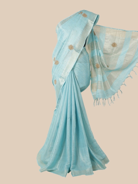 

Pothys Turquoise Blue & Gold-Toned Ethnic Motifs Beads and Stones Linen Blend Saree