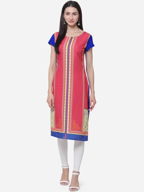 

Kvsfab Women Pink & Blue Geometric Printed Straight Kurta