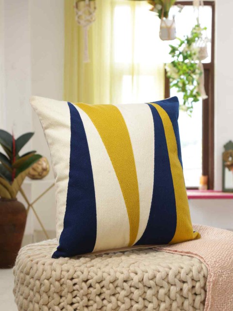 

Amoliconcepts Off White & Mustard Yellow Colourblocked Square Cushion Covers