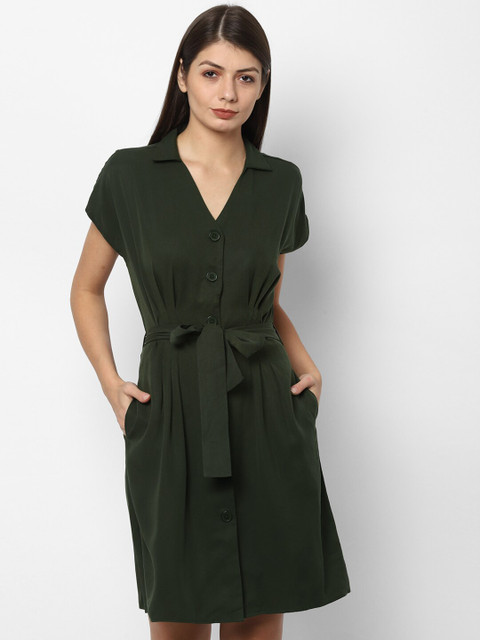 

Allen Solly Woman Olive Solid Tie Up Casual Shirt Dress