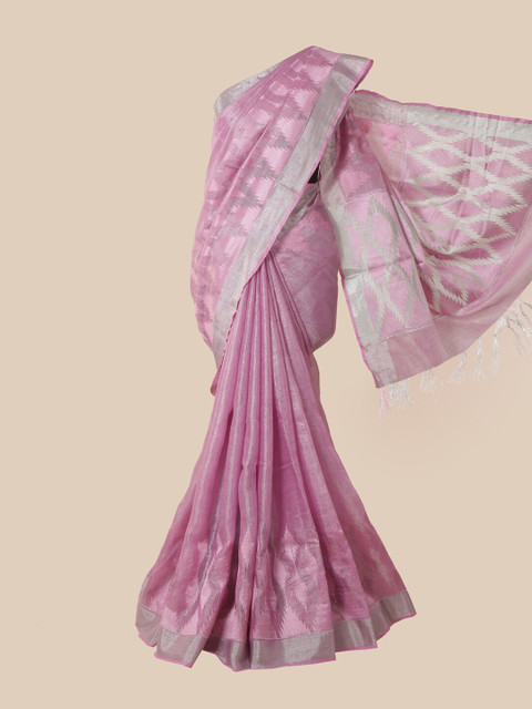 

Pothys Pink & Silver-Coloured Woven Design Zari Linen Blend Saree
