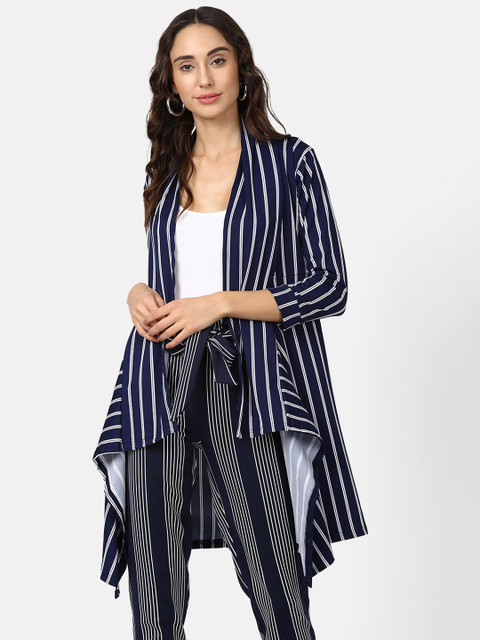 

V2 Value & Variety Women Navy Blue & White Striped Longline Shrug